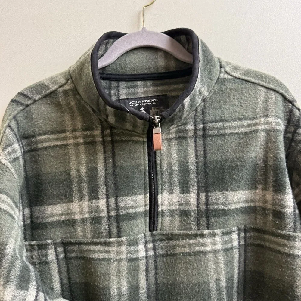 John Wayne MenS Green Plaid Fleece Quarter Zip Sweater Ranch Chore Cowboy XXL